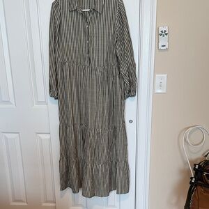 Max Studio Olive and White Striped Tiered Maxi Dress